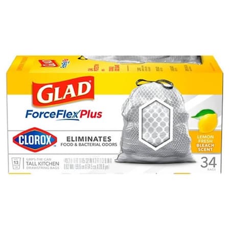 Glad 13 gal Lemon Fresh Bleach Scent Odor Shield Trashbag, 34PK GL572626